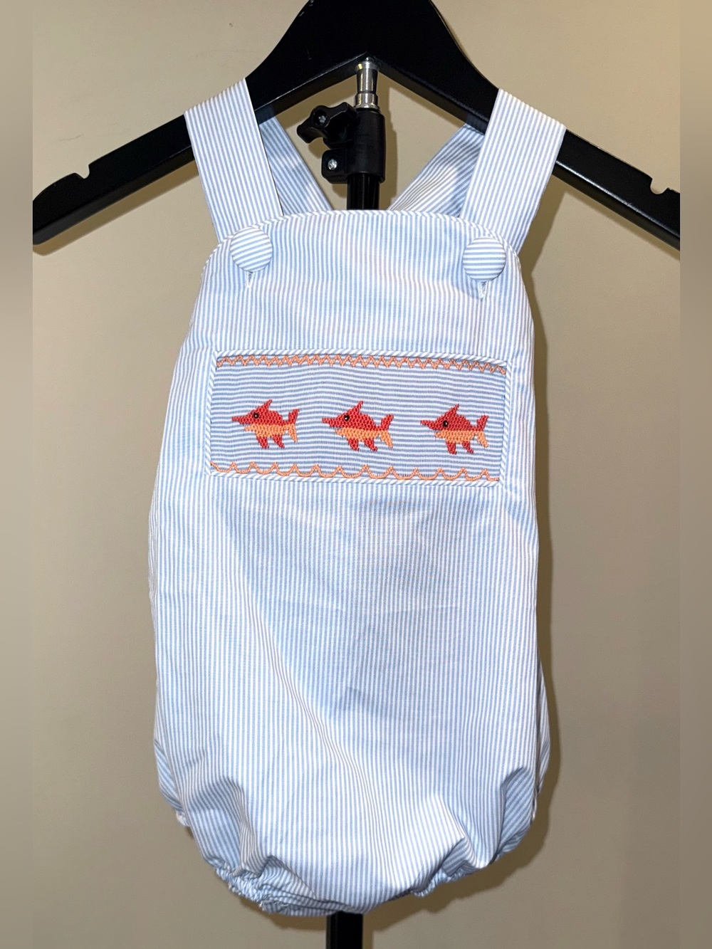 Stitchy Fish Marlin Marina smocked ruffle bubble in blue seersucker, sz 24 mo